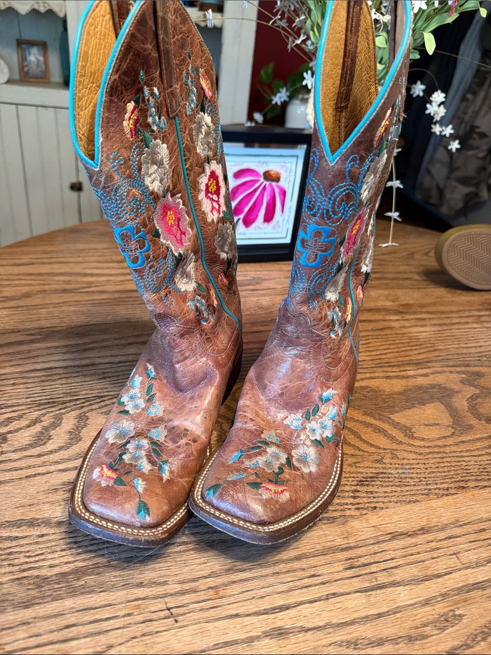 Macy Bean Women’s Brown Embroidered Western Heeled Boots with Turquoise Trim - Picture 2 of 6